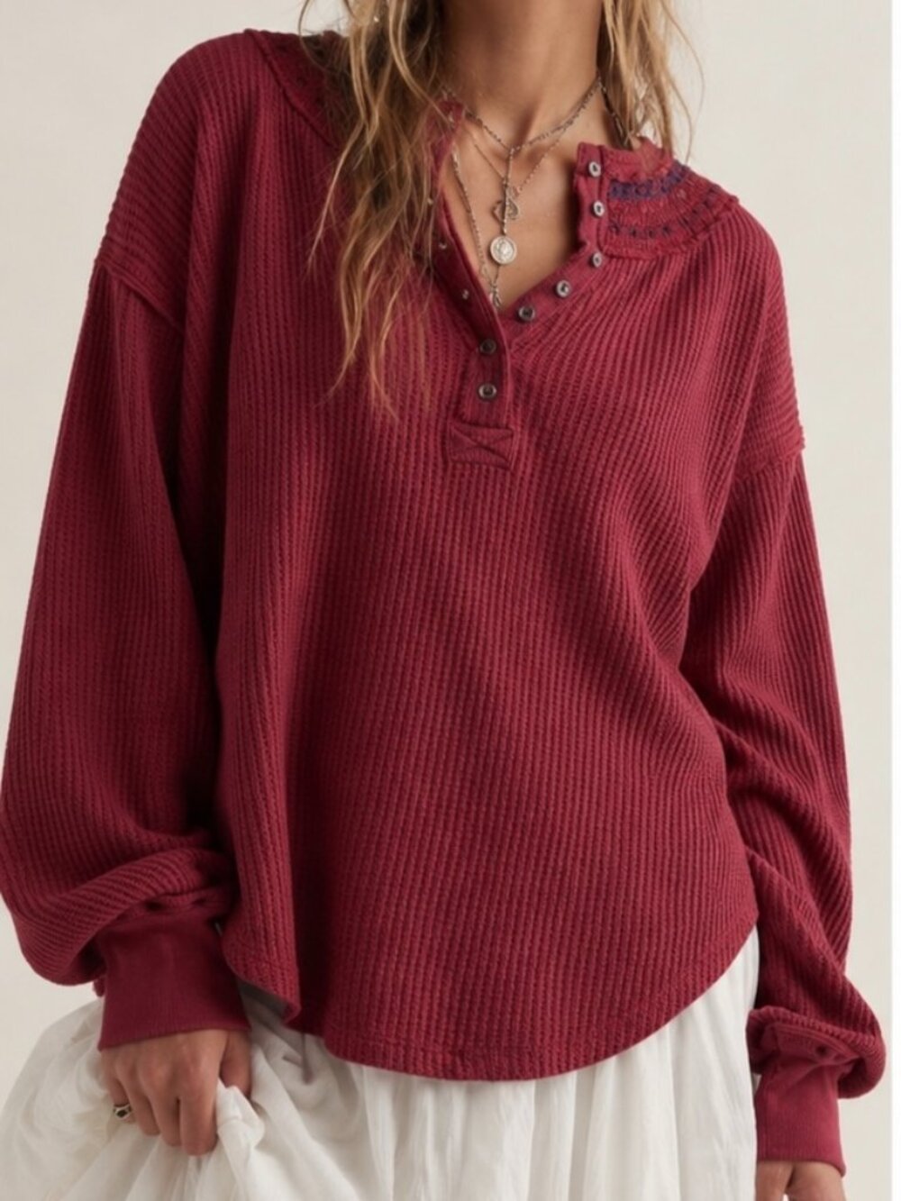 WE THE FREE Holly Embroidered Henley Waffle Long Sleeve Thermal